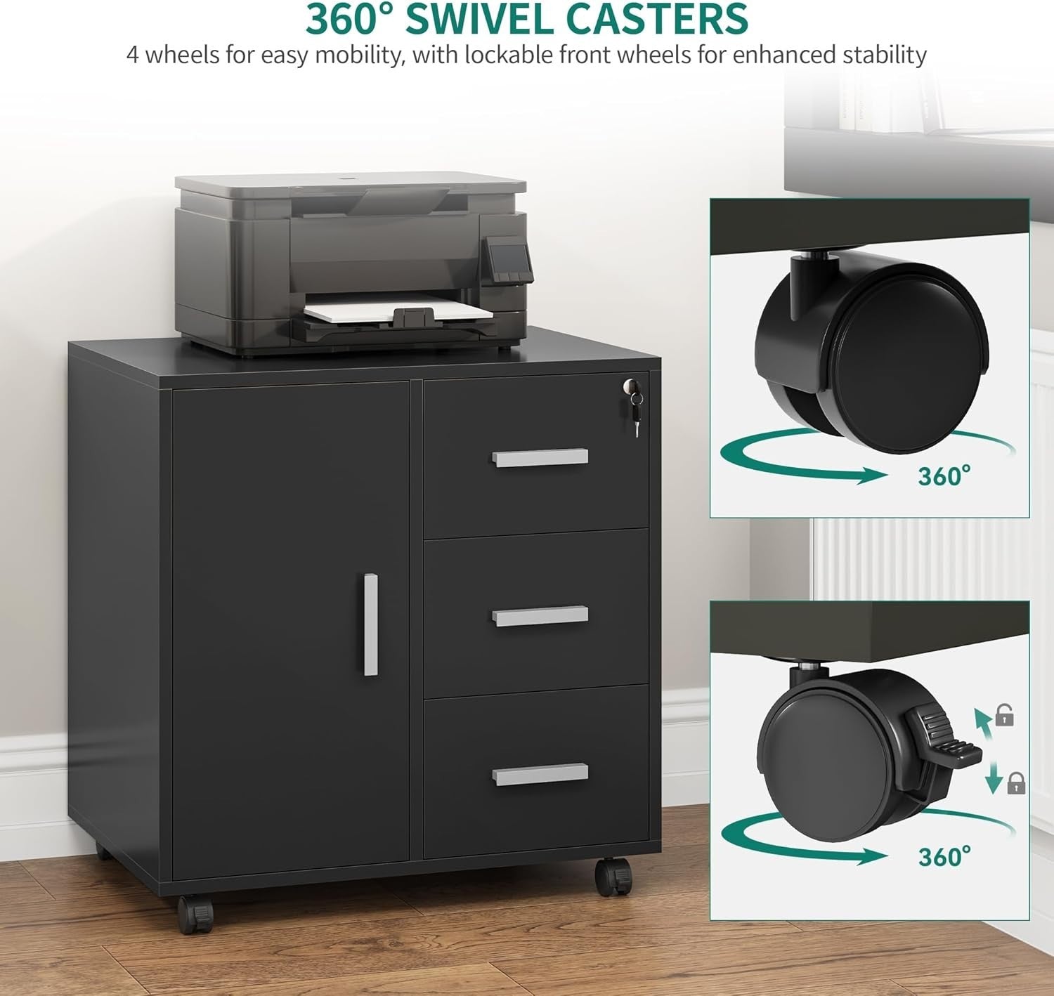 Locking Rolling Office Cabinet 3 Drawer Printer Stand Storage Unit Black
