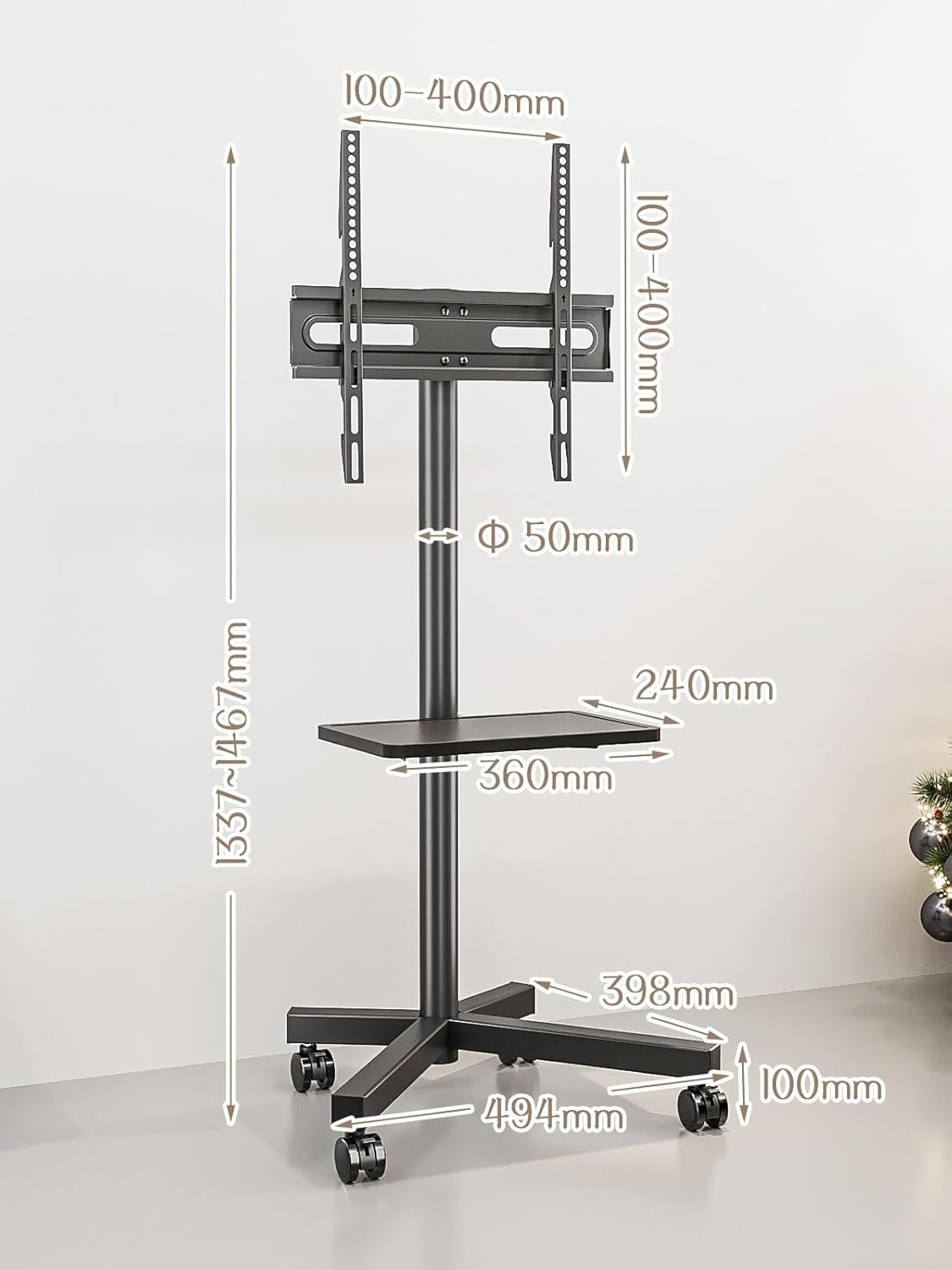 Mobile TV Stand with Shelf for 23-60" LED Curved Screens, Rolling Cart 40kg