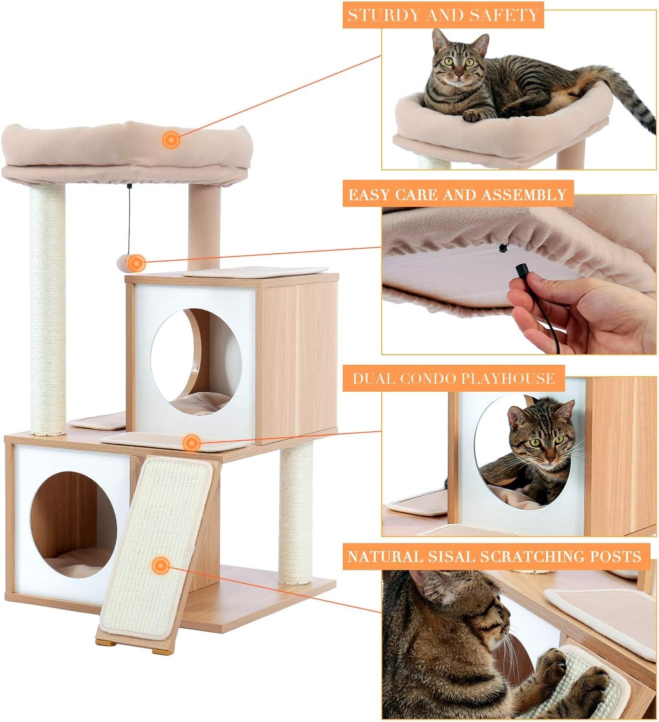 89cm Beige Wooden Cat Tree Tower Double Condo Sisal Scratching Posts