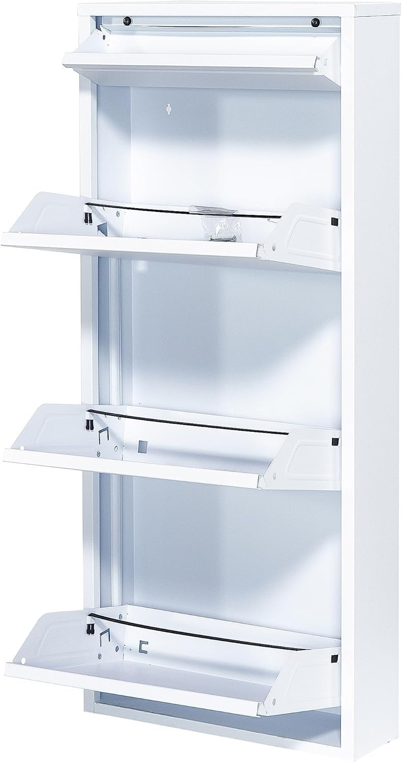 Slim Wall Mounted Shoe Cabinet 3+1 Drawer Metal Storage Rack 114cm White