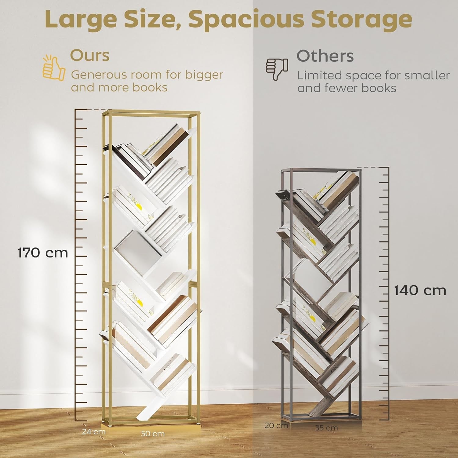 10-Tier Tree Bookshelf Modern White & Gold Tall Display Storage Unit for Home