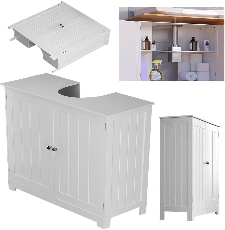 White Bathroom Sink Cabinet 60cm Under Sink Storage Cupboard with 2 Doors