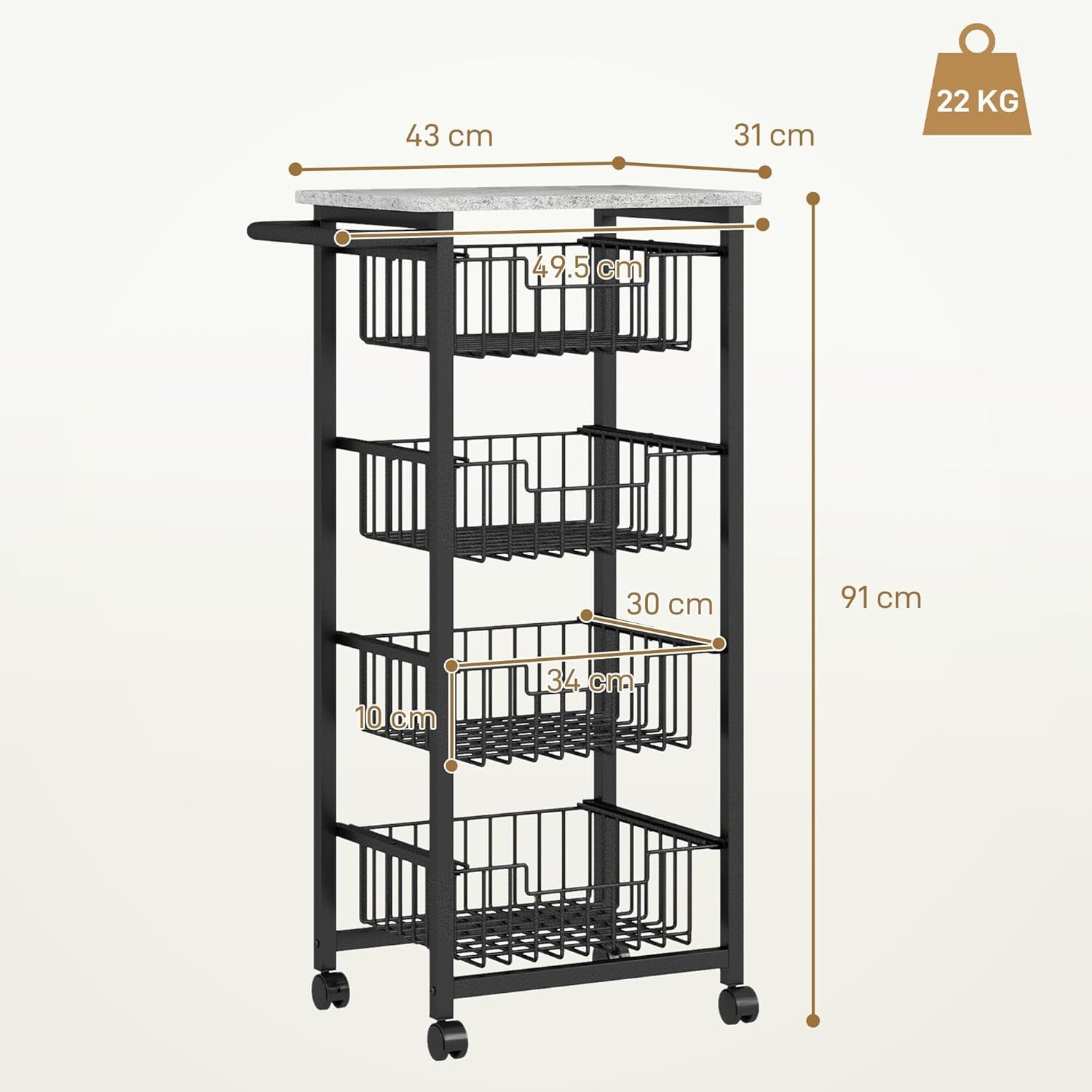 4 Tier Kitchen Storage Trolley with Pull Out Baskets Rolling Utility Cart