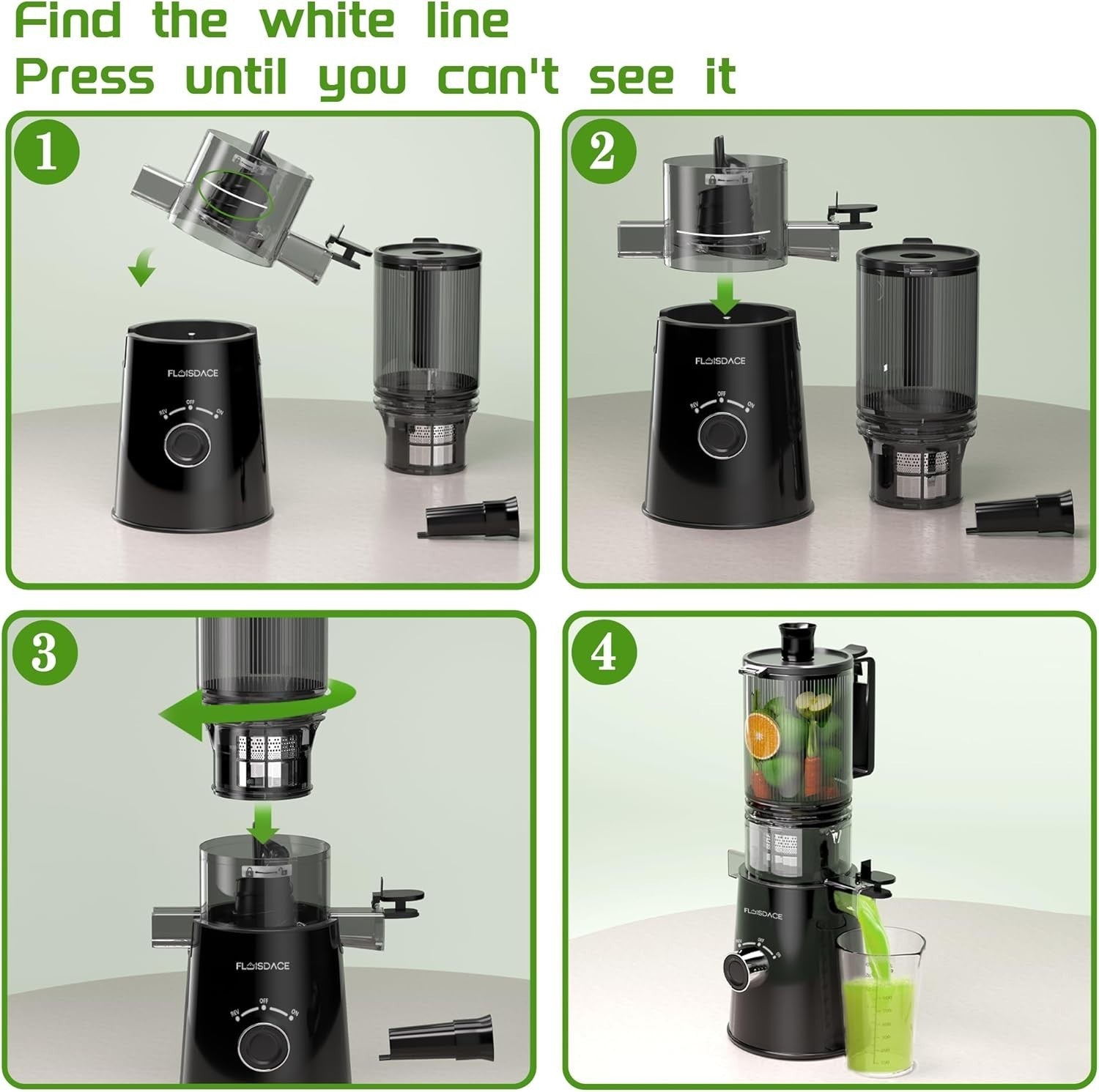 Black Cold Press Juicer 5in Feed Chute Whole Fruit High Torque Easy Clean