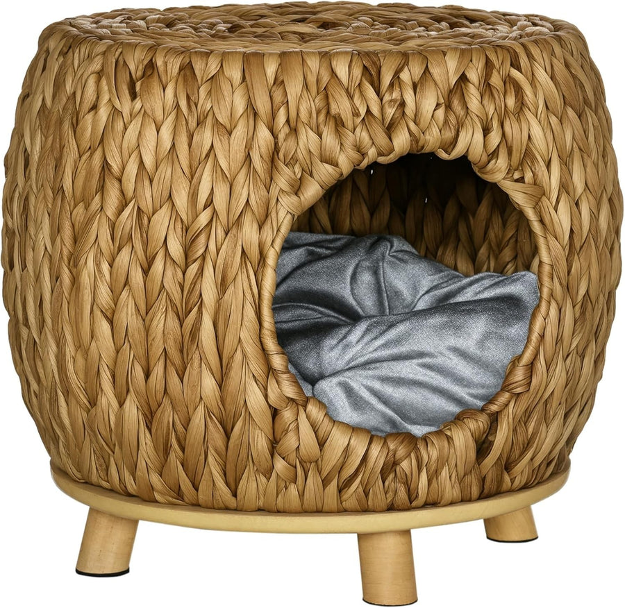 Wicker Cat House Stool Elevated Rattan Pet Bed w Washable Cushion