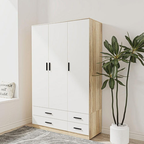 Oak & White 3 Door Wardrobe with 4 Drawers, Modern Bedroom Storage Unit