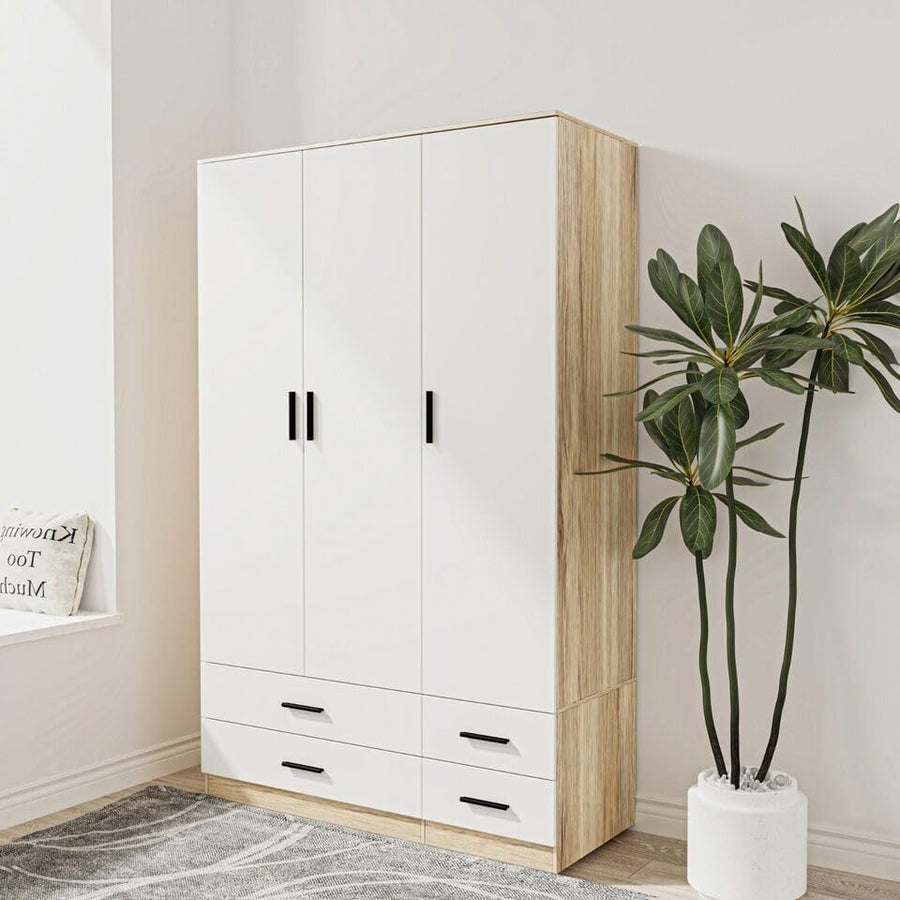 Oak & White 3 Door Wardrobe with 4 Drawers, Modern Bedroom Storage Unit