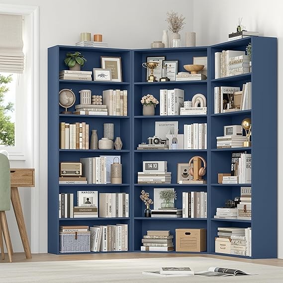 6-Tier Tall Bookshelf Blue Modern Display Storage Unit for Living Room Home