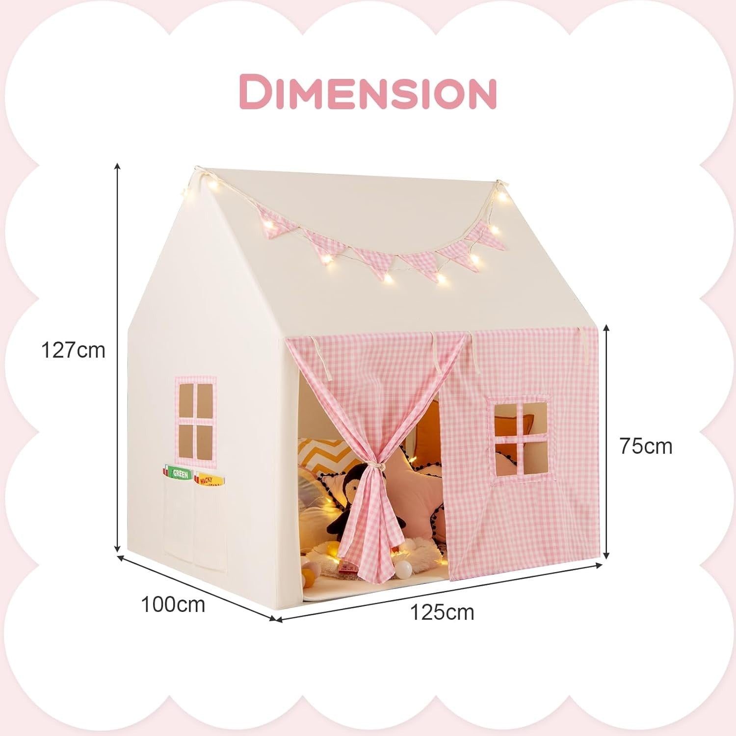 Pink Kids Castle Play Tent with Mat Star Lights Fairy Indoor House