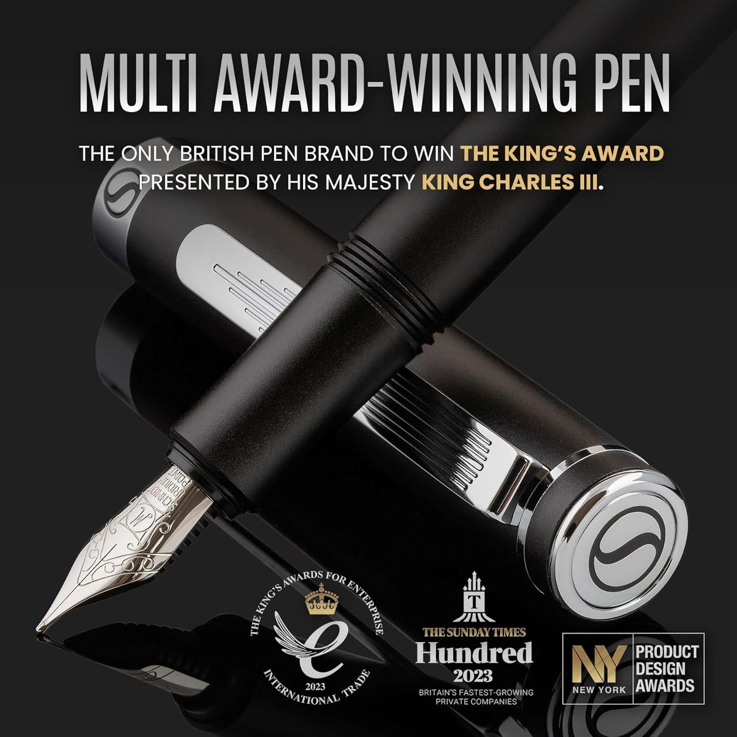 Luxury Fountain Pen Medium Nib Matt Black Chrome Gift Set