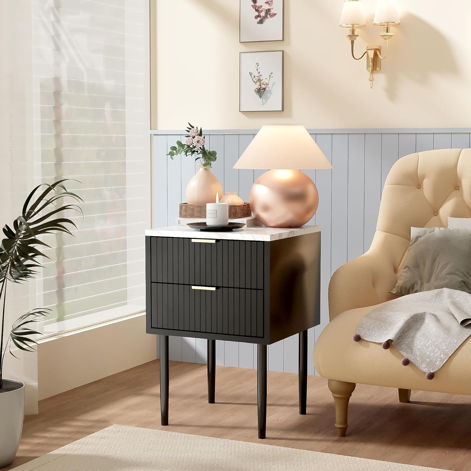 Set of 2 Marble Top Bedside Tables | Modern Black Nightstands with 2 Drawers