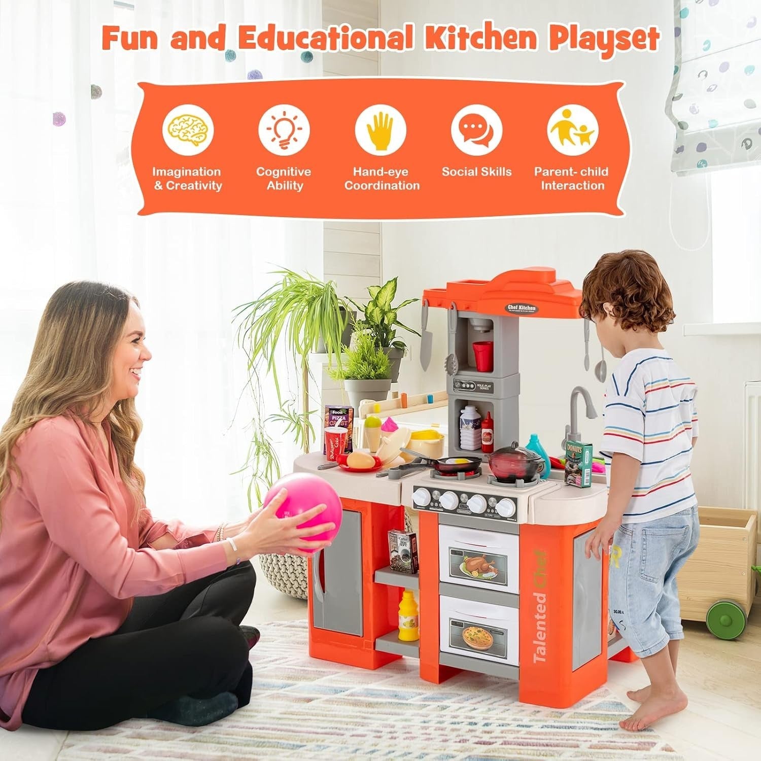 67PCS Kids Play Kitchen Toy Set Lights Sounds Steam Cooking Orange