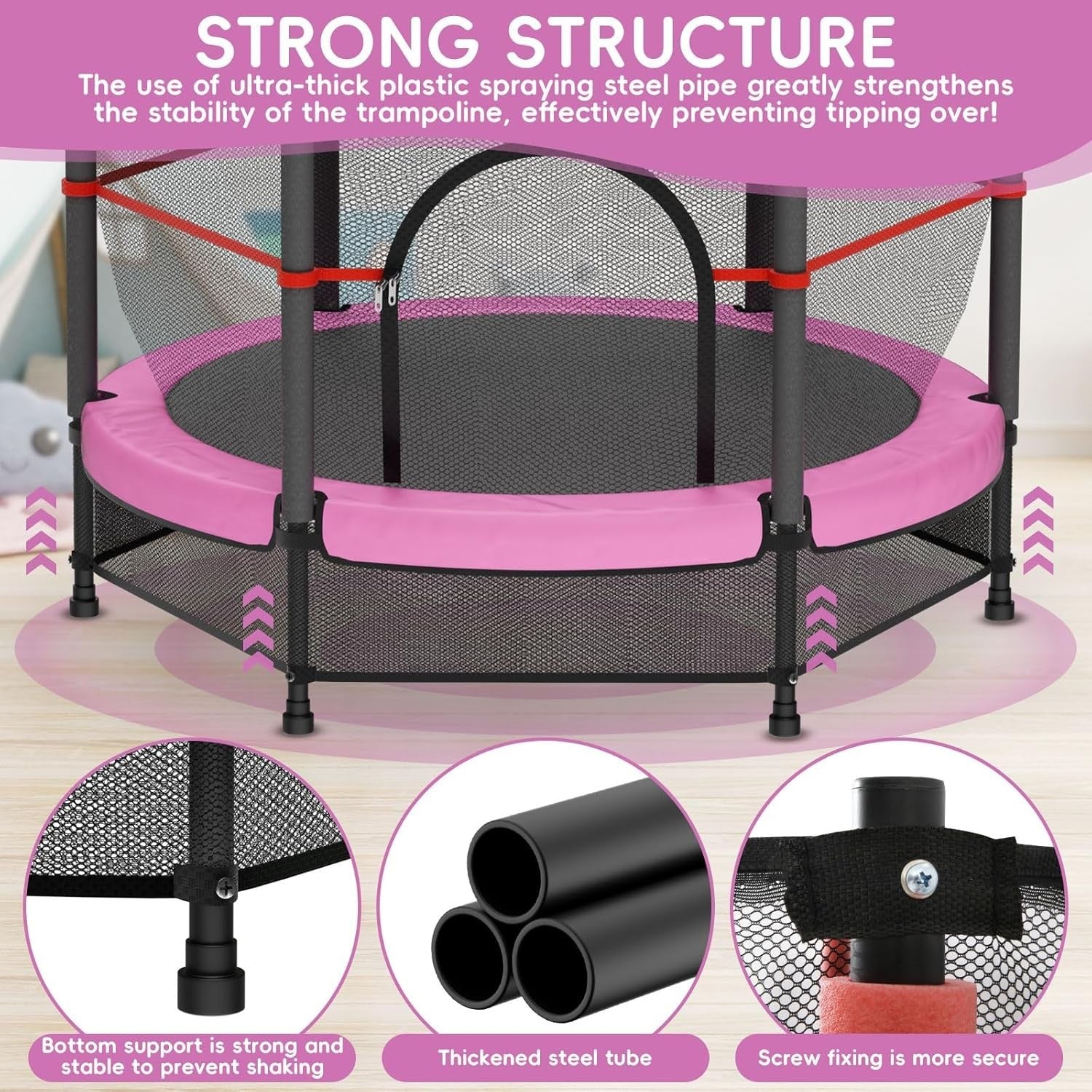 Pink Kids Trampoline 140cm Safety Net Indoor Outdoor Ages 3–10
