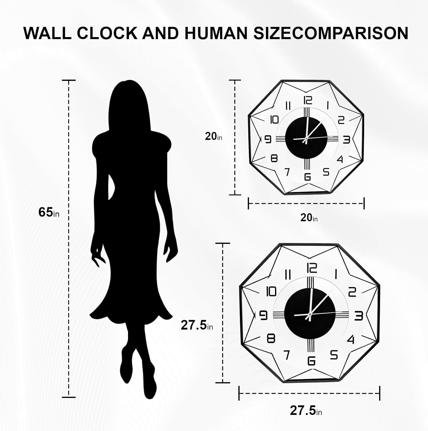 27.5" Silent Wall Clock Black White Modern Large Metal Office Decor