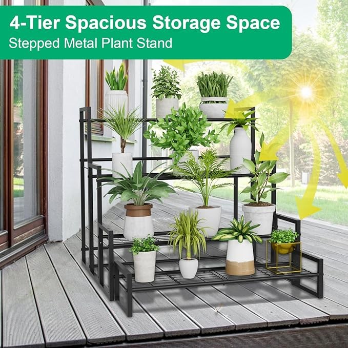 4 Tier Metal Plant Stand Indoor Outdoor Stackable Flower Shelf Garden Display