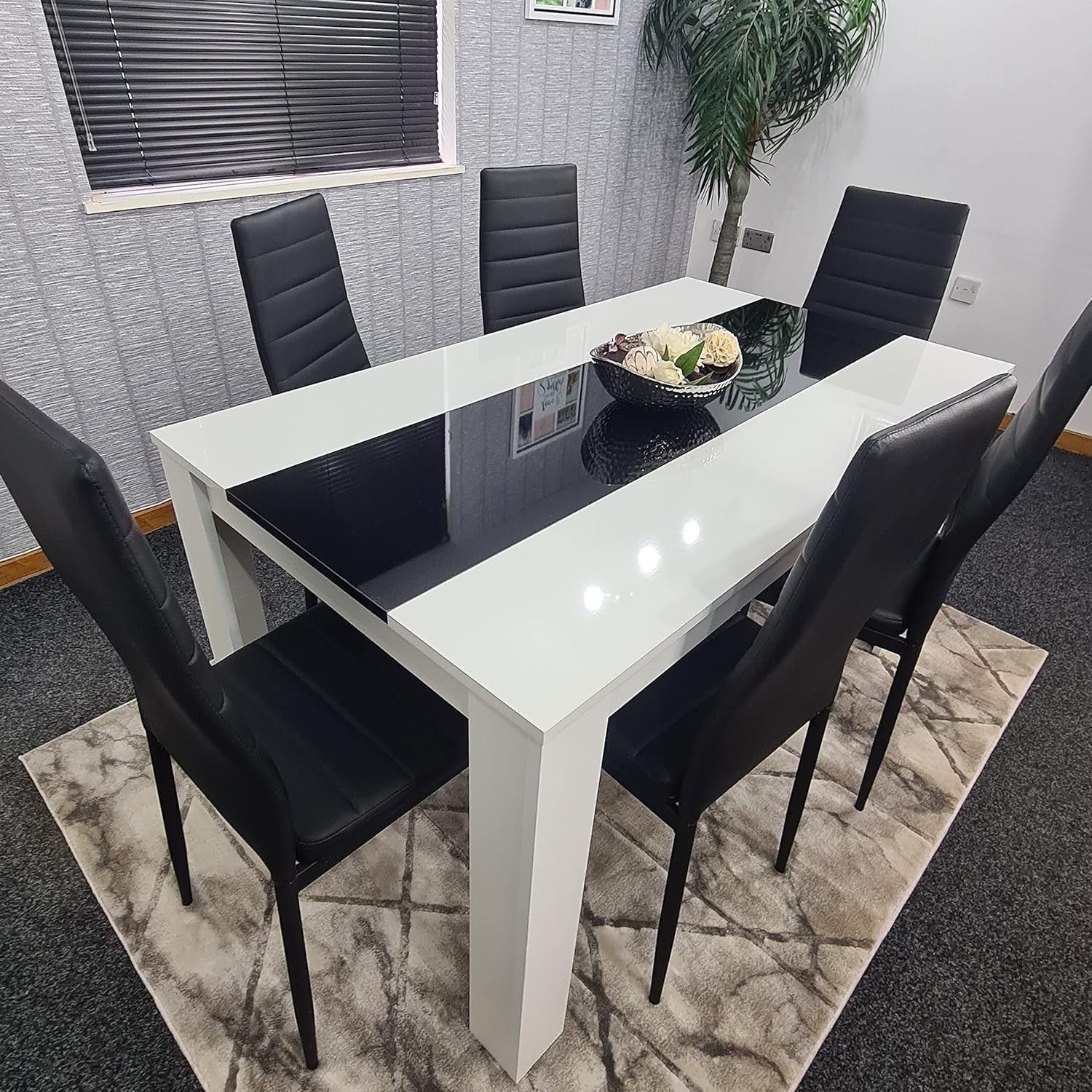 White & Black Dining Table Set with 6 Black Faux Leather Chairs - Modern, Durabl