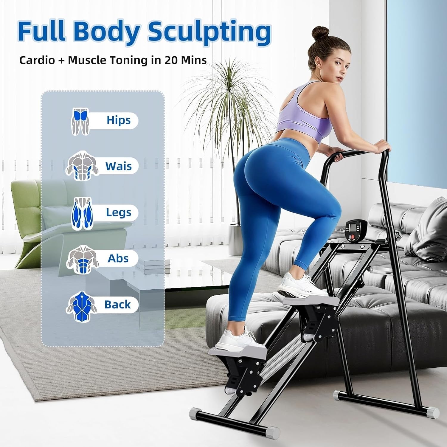 Foldable Stair Climber w/ LCD Monitor, 3-Level Resistance & Adjustable Handlebar
