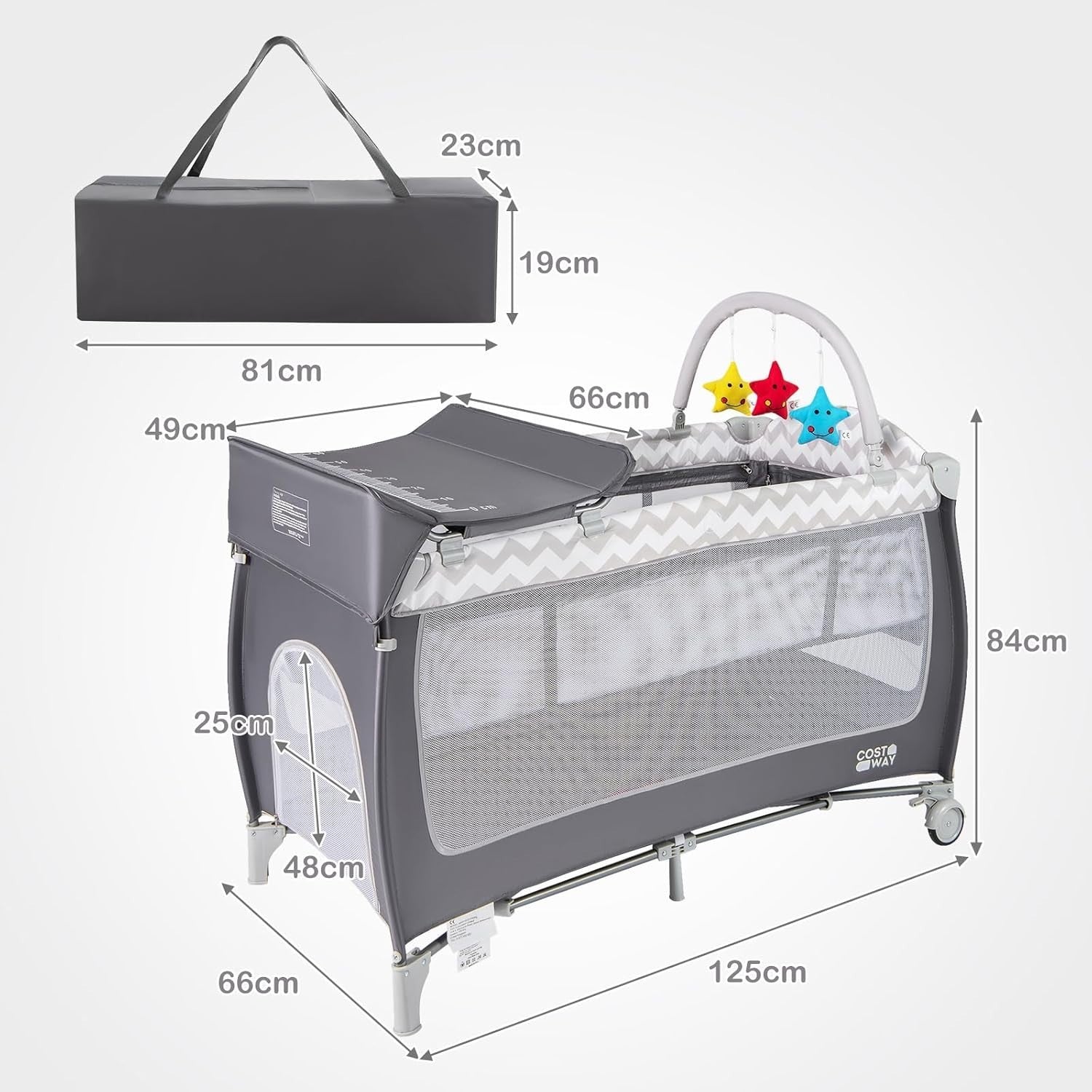 4in1 Travel Cot Baby Bedside Foldable Crib Bassinet Portable Playard Grey