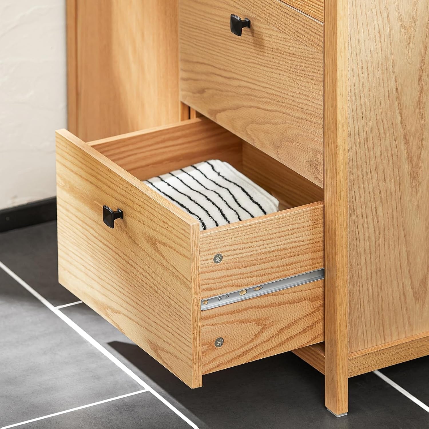 Wooden Bathroom Storage Cabinet with Laundry Basket & 3 Drawers 80×35×90cm