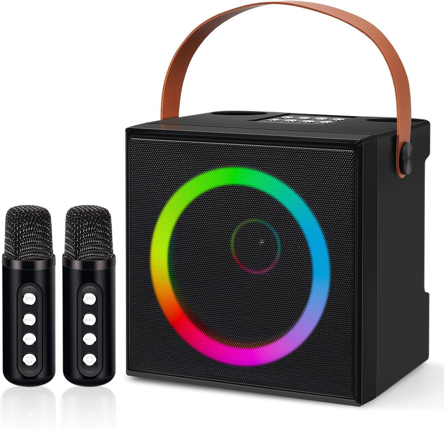 Mini Bluetooth Karaoke Machine 2 Wireless Mics LED Speaker
