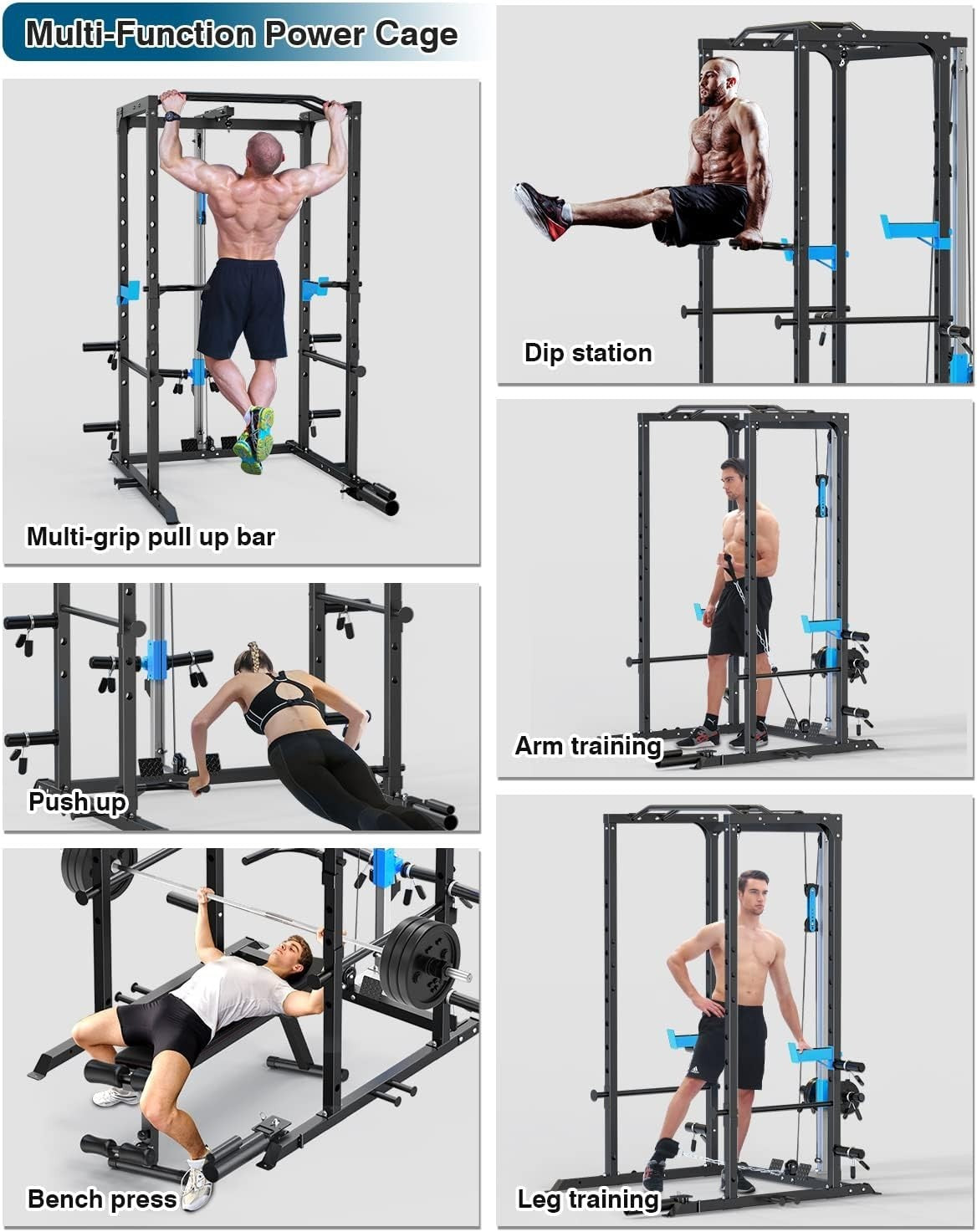 Multi-Functional Power Rack Cage J-Hooks Dip Handles Cable Pulley