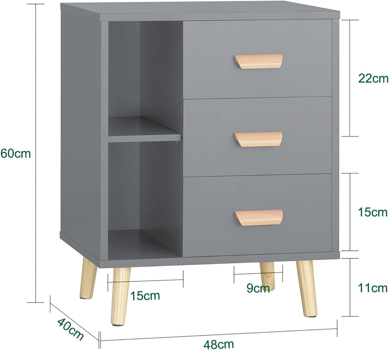 Modern Grey 3 Drawer Bedside Table with Shelves – Wooden Storage Cabinet