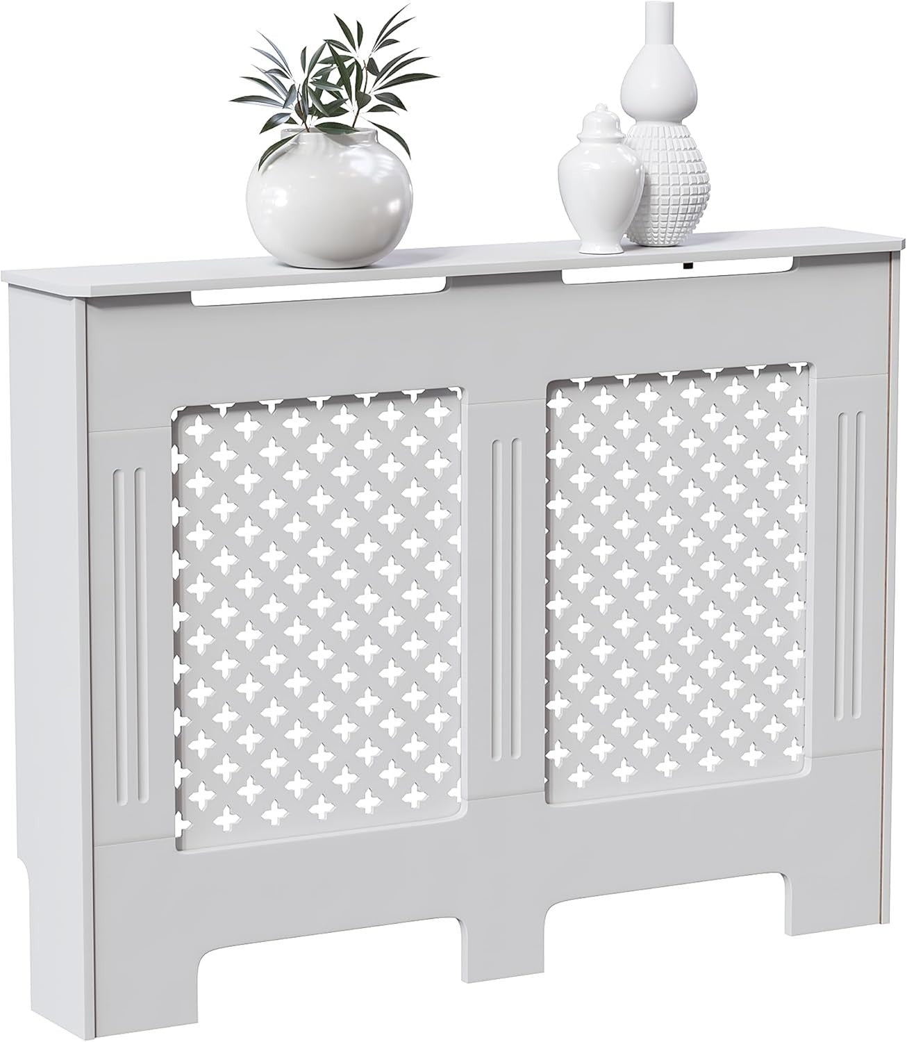 Medium White Radiator Cover 82x111x19cm Cross Pattern MDF Modern Heating Cabinet