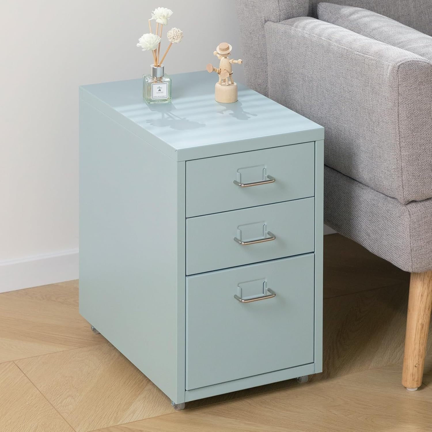 Grey Green Metal Rolling Drawer Unit 3 Tier Under Desk File Storage