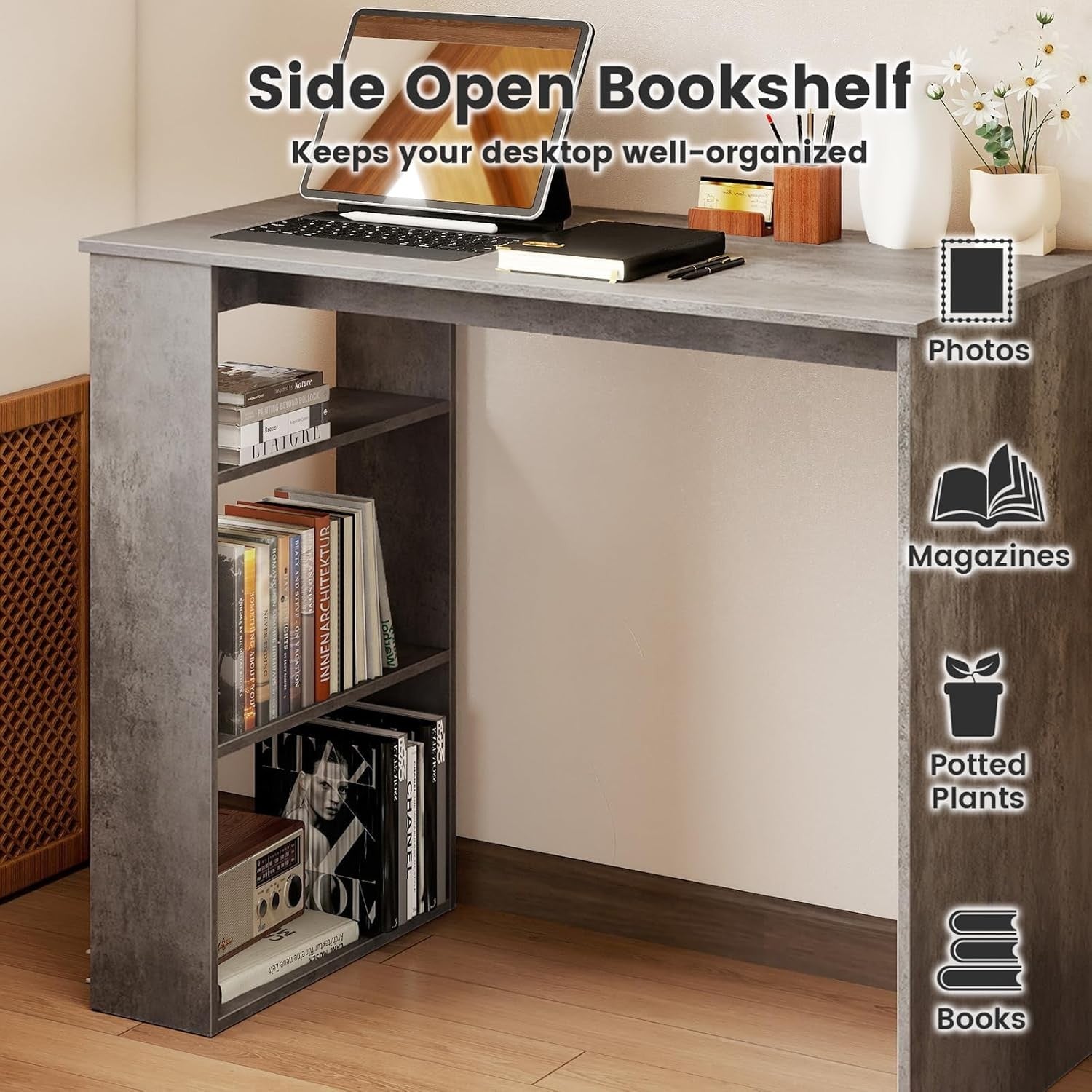 Compact Computer Desk with Bookshelf Small Space Home Office Laptop Table Grey