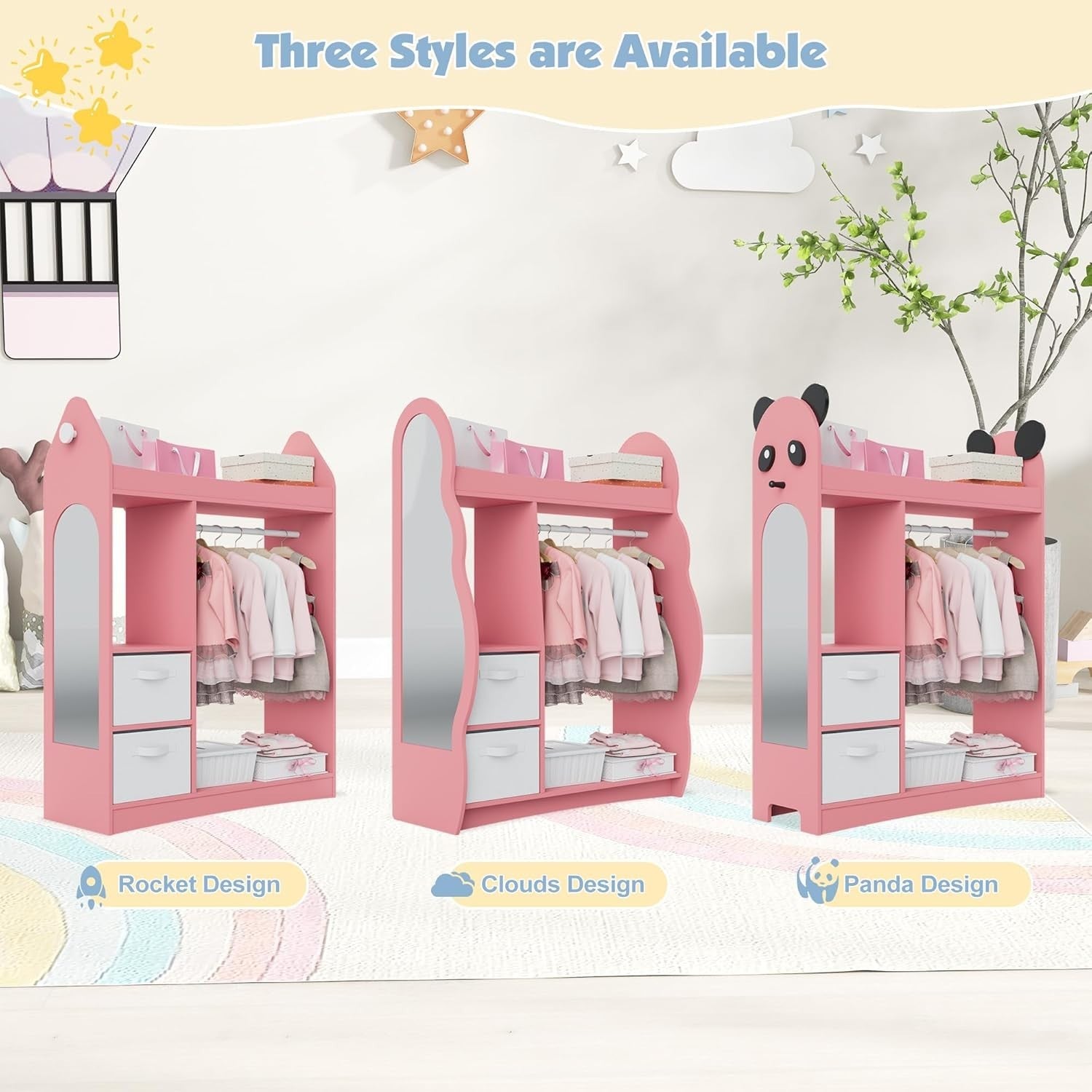 Kids Wardrobe with Mirror, Hanging Rail & 2 Drawers, Pink Cloud Design
