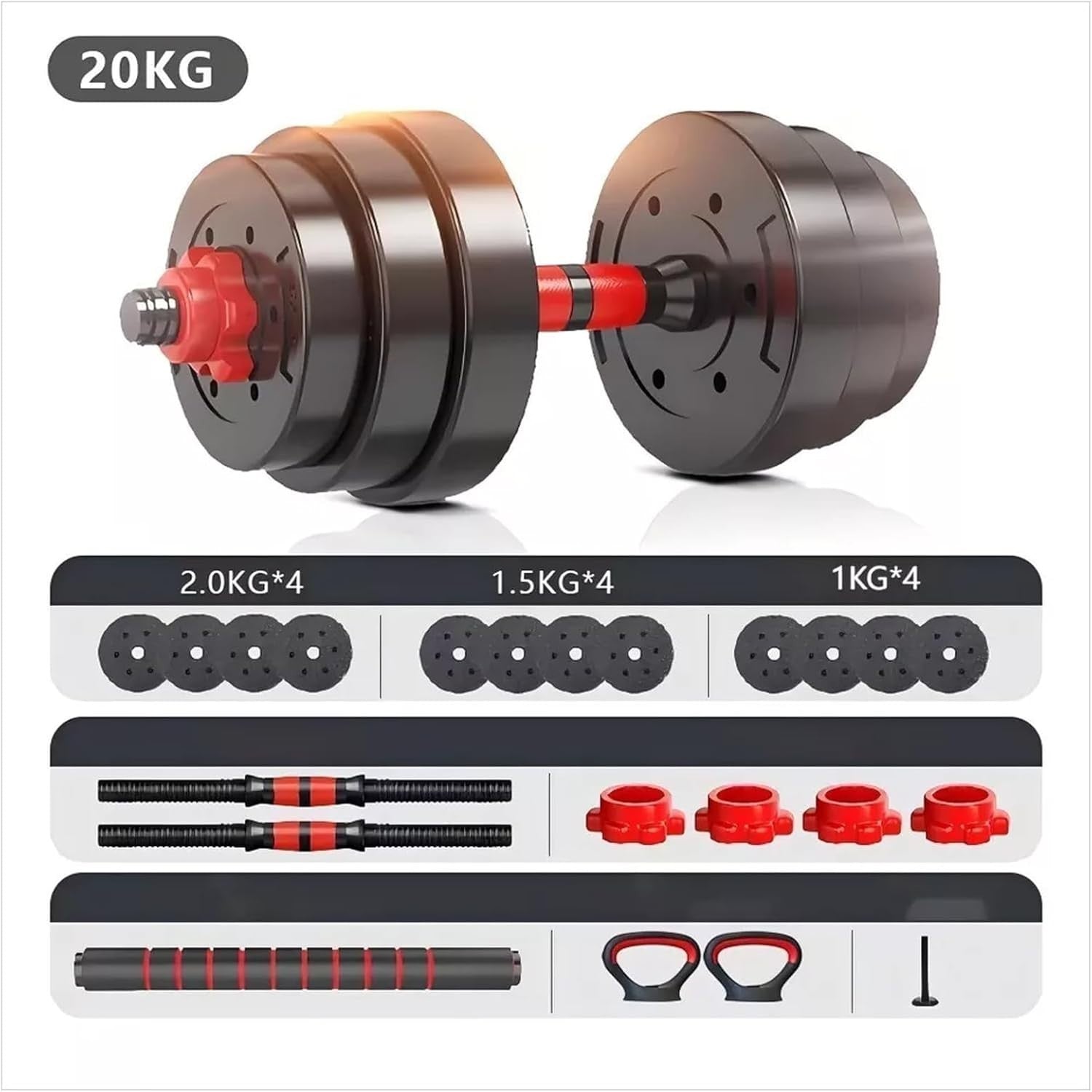 20kg Adjustable Dumbbell Barbell Kettlebell Set 6-in-1 Home Gym Weights