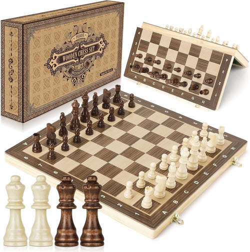38cm Wooden Magnetic Folding Chess Set with Extra Queens & Storage Box