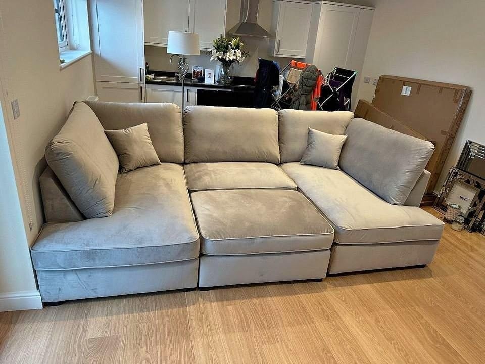U Shaped 5 Seater Sofa High Steel Grey Plush Velvet Corner Couch Cinema Lounge