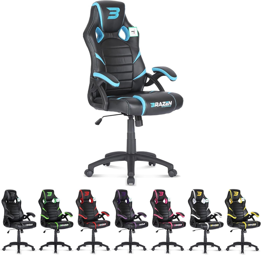 Ergonomic Gaming Chair Racing Style Faux Leather Swivel Blue