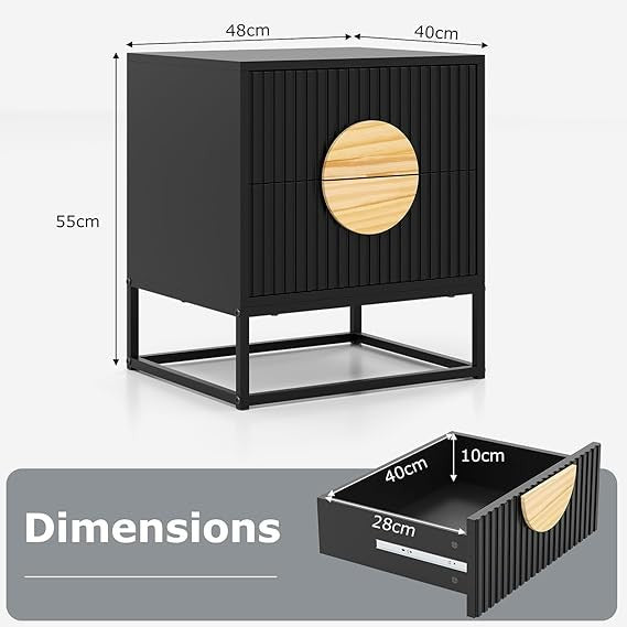 Set of 2 Black Modern Bedside Tables – Dual Drawers Metal Frame Wood Accent