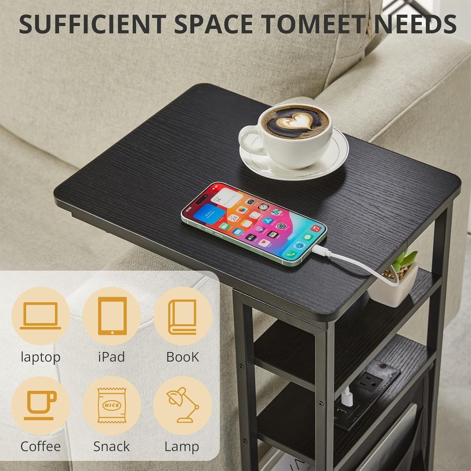 C-Shaped End Table with Charging Station, Storage & Slim 3-Tier Design
