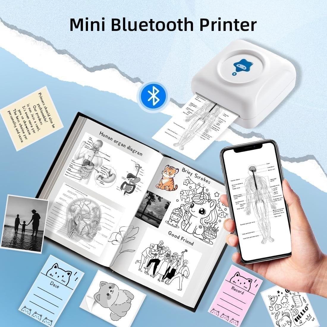 Mini Thermal Printer TP2 Bluetooth Pocket Label Photo Printer Blue White