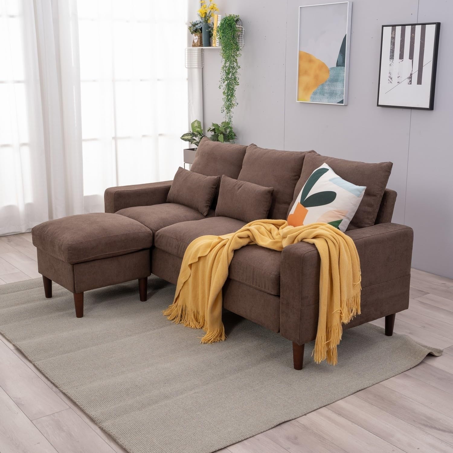 3 Seater Sofa with Footstool Brown Linen Reversible Chaise Cushioned Modern Couc