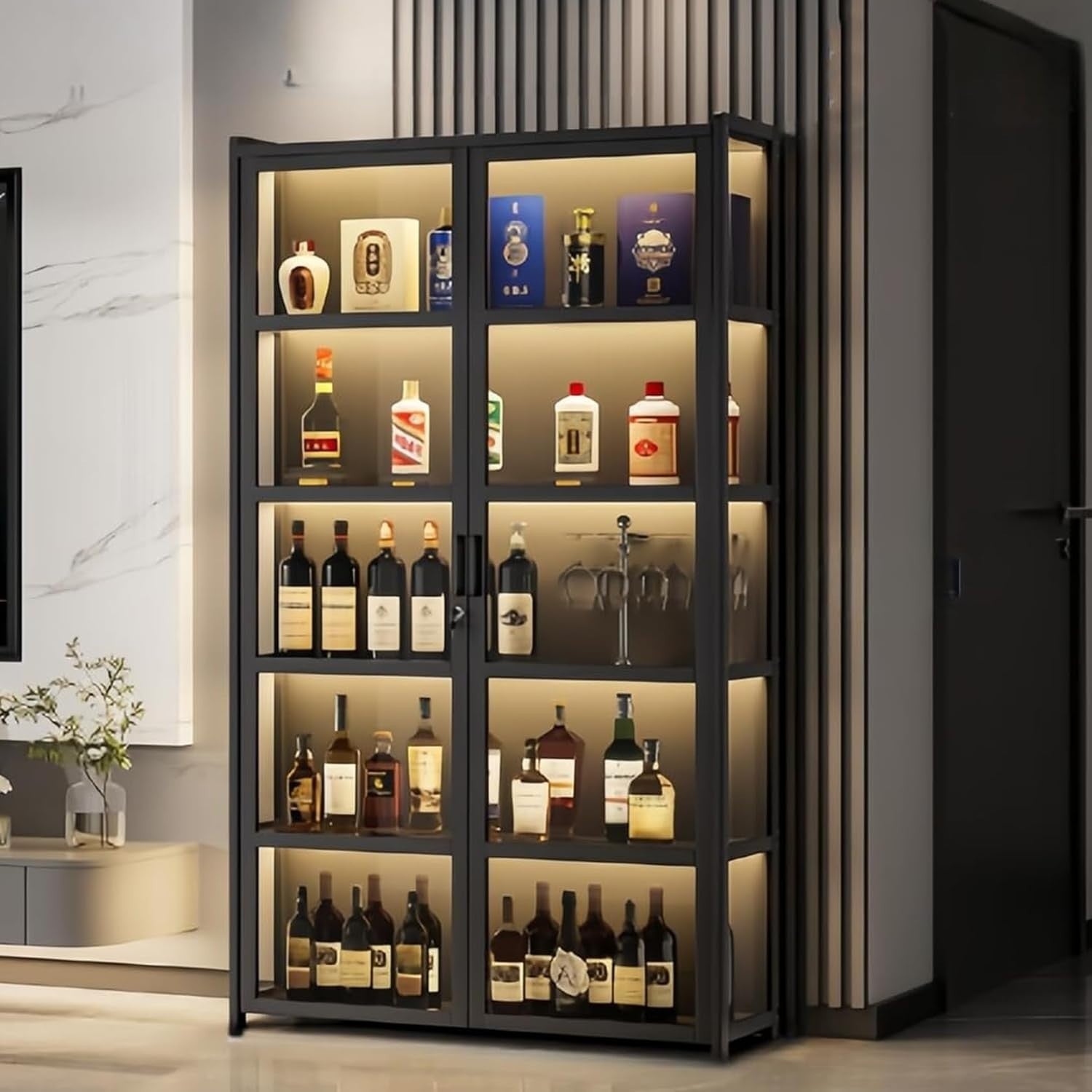 Tall LED Wine Bar Cabinet Lockable Drinks Display Storage Unit Shelves 171cm