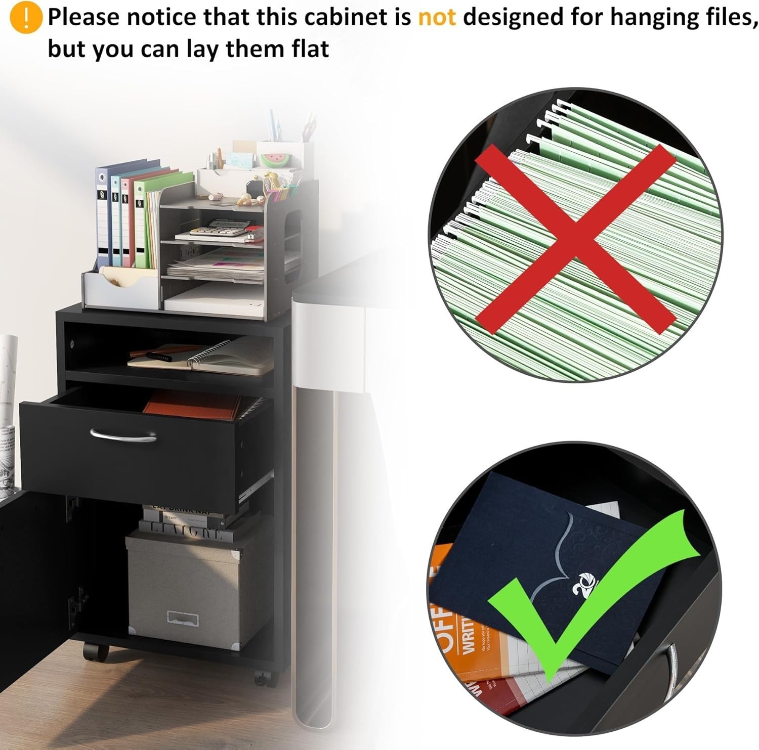 Black Mobile Filing Cabinet with Wheels Drawer Storage Home Office Without Key