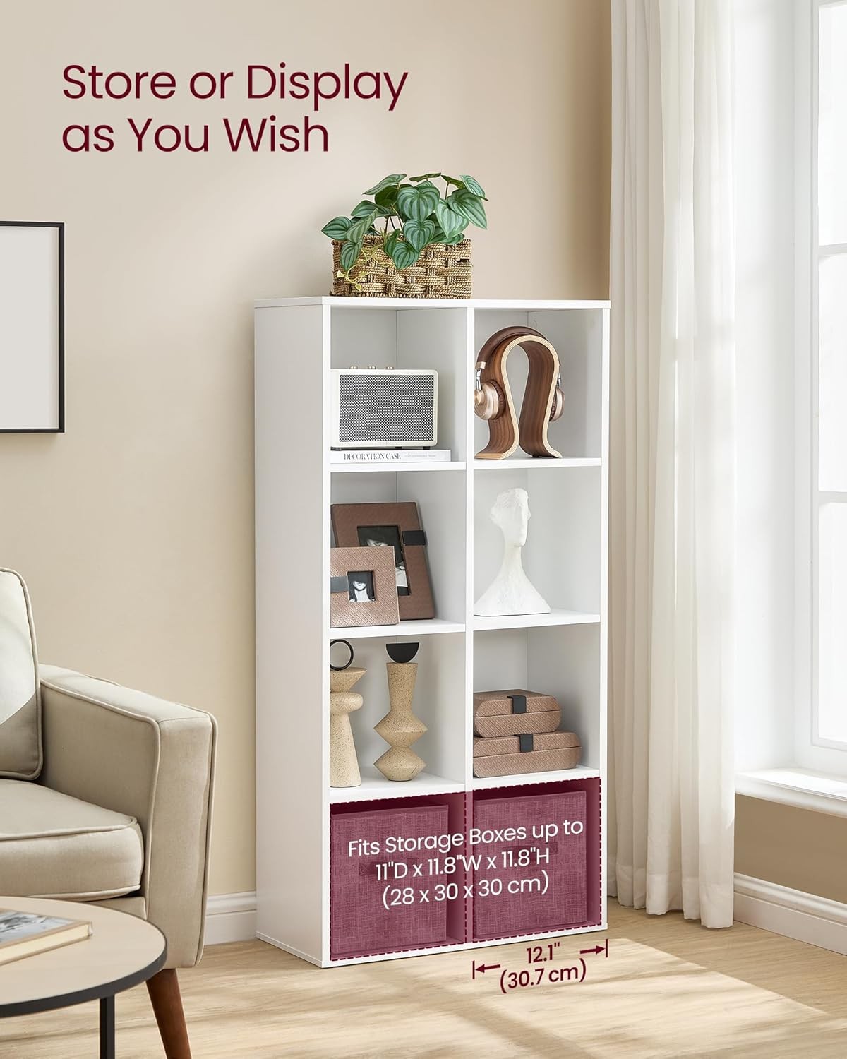 8-Cube White Bookcase | Tall Storage Shelf Unit for Living Room Office Bedroom