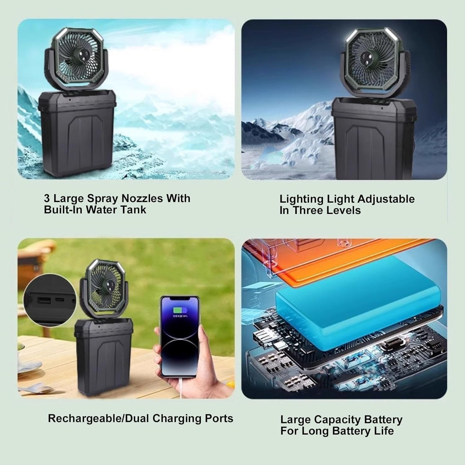 Portable 30000mAh Misting Fan – 6L Bucket LED Cooling w/ Rechargeable Battery