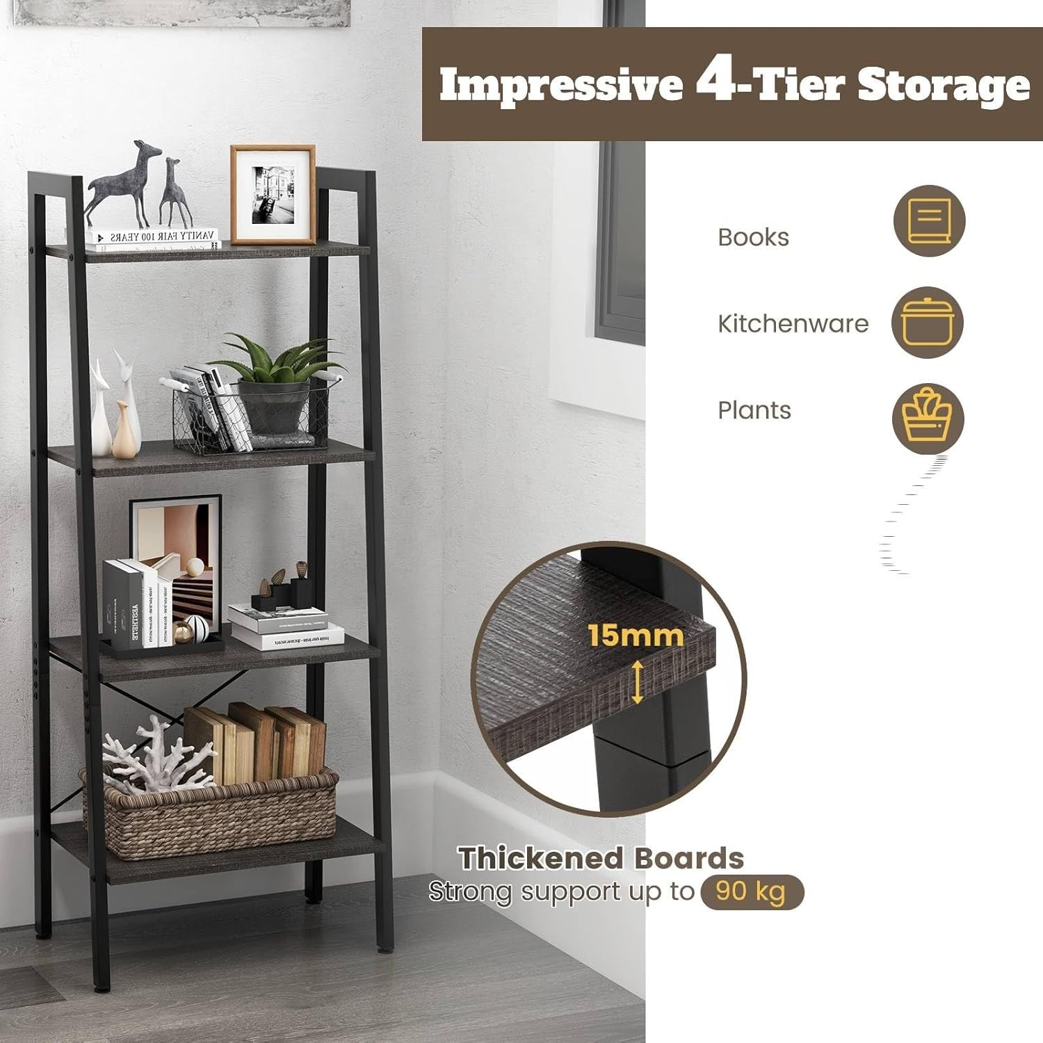 Black Industrial Ladder Shelf 4-Tier Freestanding Storage Rack Plant Stand