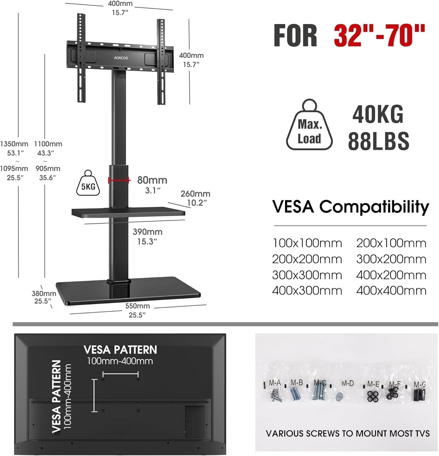 TV Floor Stand 32–70” with Shelf, Tilt & Swivel, Height Adjustable, VESA