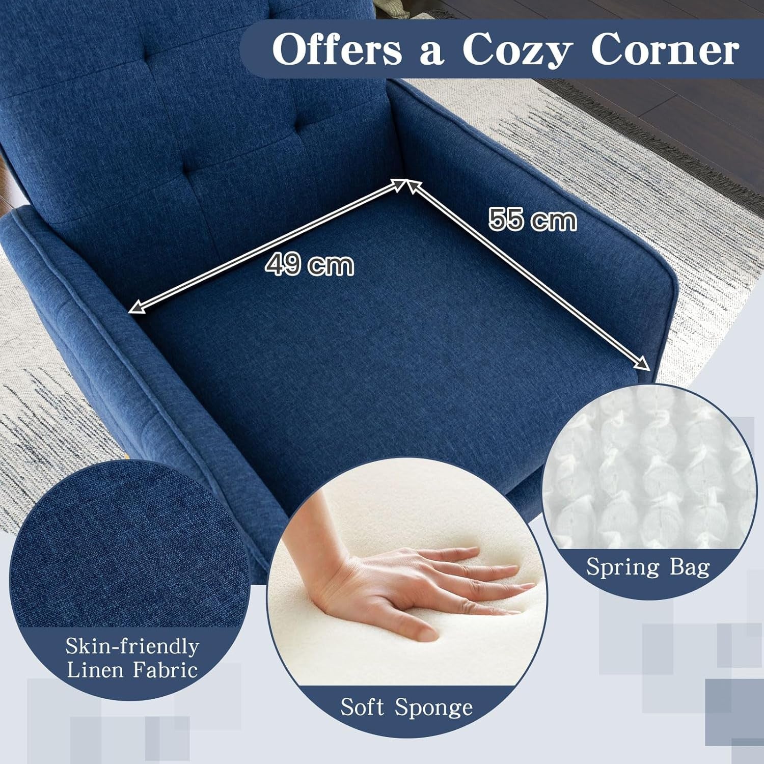 Blue Tufted Accent Armchair Linen Lounge Chair Metal Legs