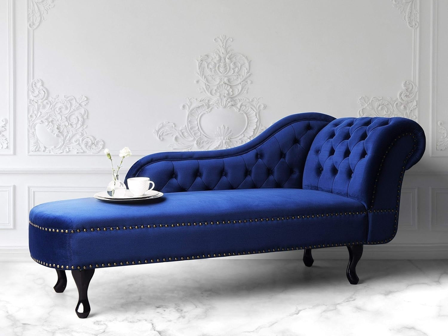 Vintage Right Hand Velvet Chaise Lounge Blue Chesterfield Sofa 180 kg Capacity