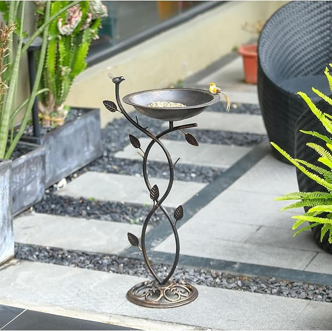 28" Bronze Iron Bird Bath Stand – Elegant Outdoor Feeder Bowl for Garden Décor