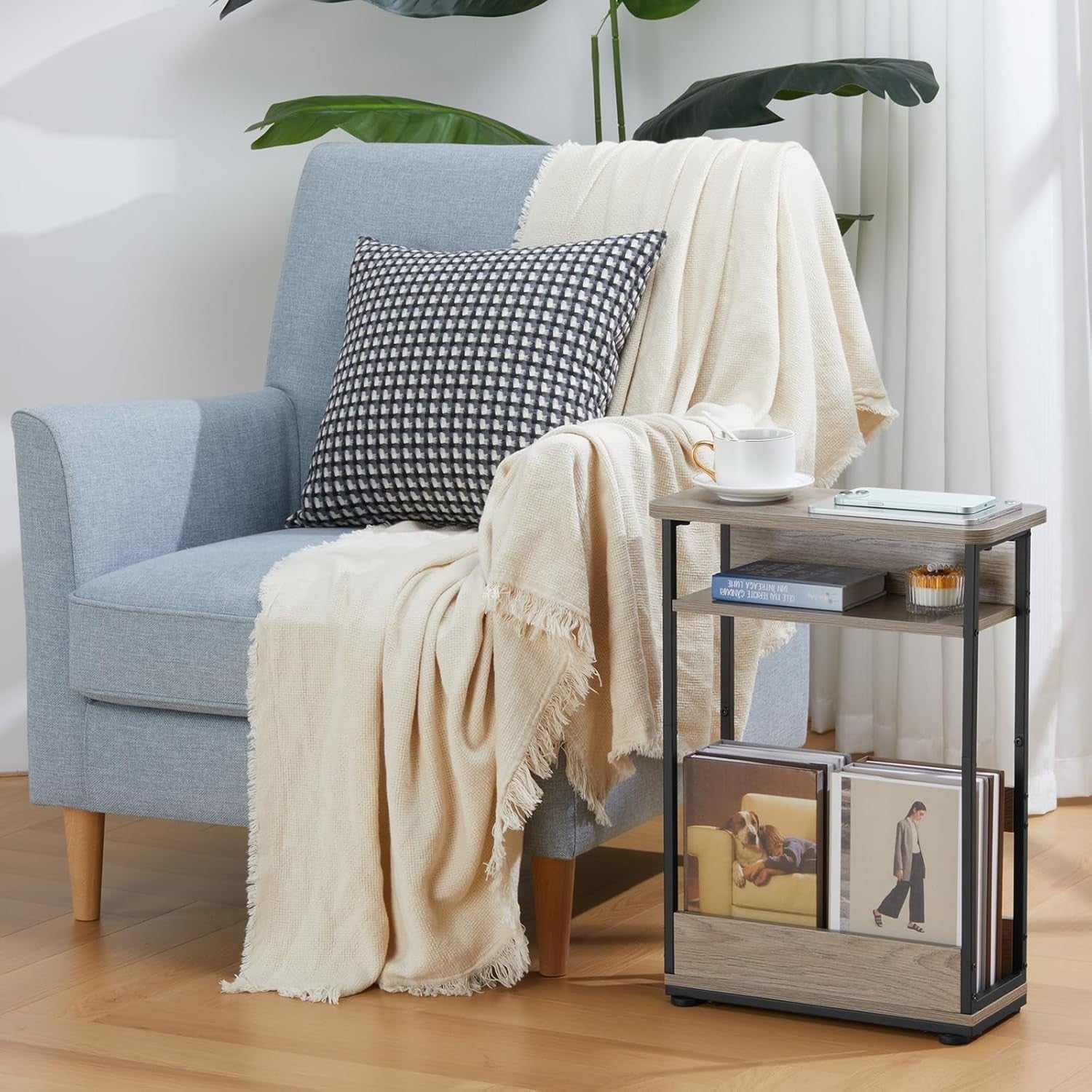 Slim Oak Side Table for Small Spaces – 3-Tier Narrow Bedside & Sofa Unit