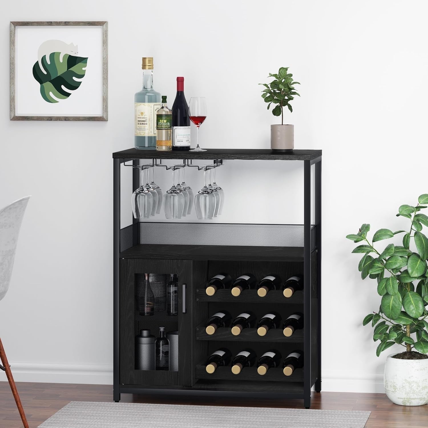3 Tier Wine Bar Cabinet with Glass Rack & Storage Shelves for Home Kitchen Black