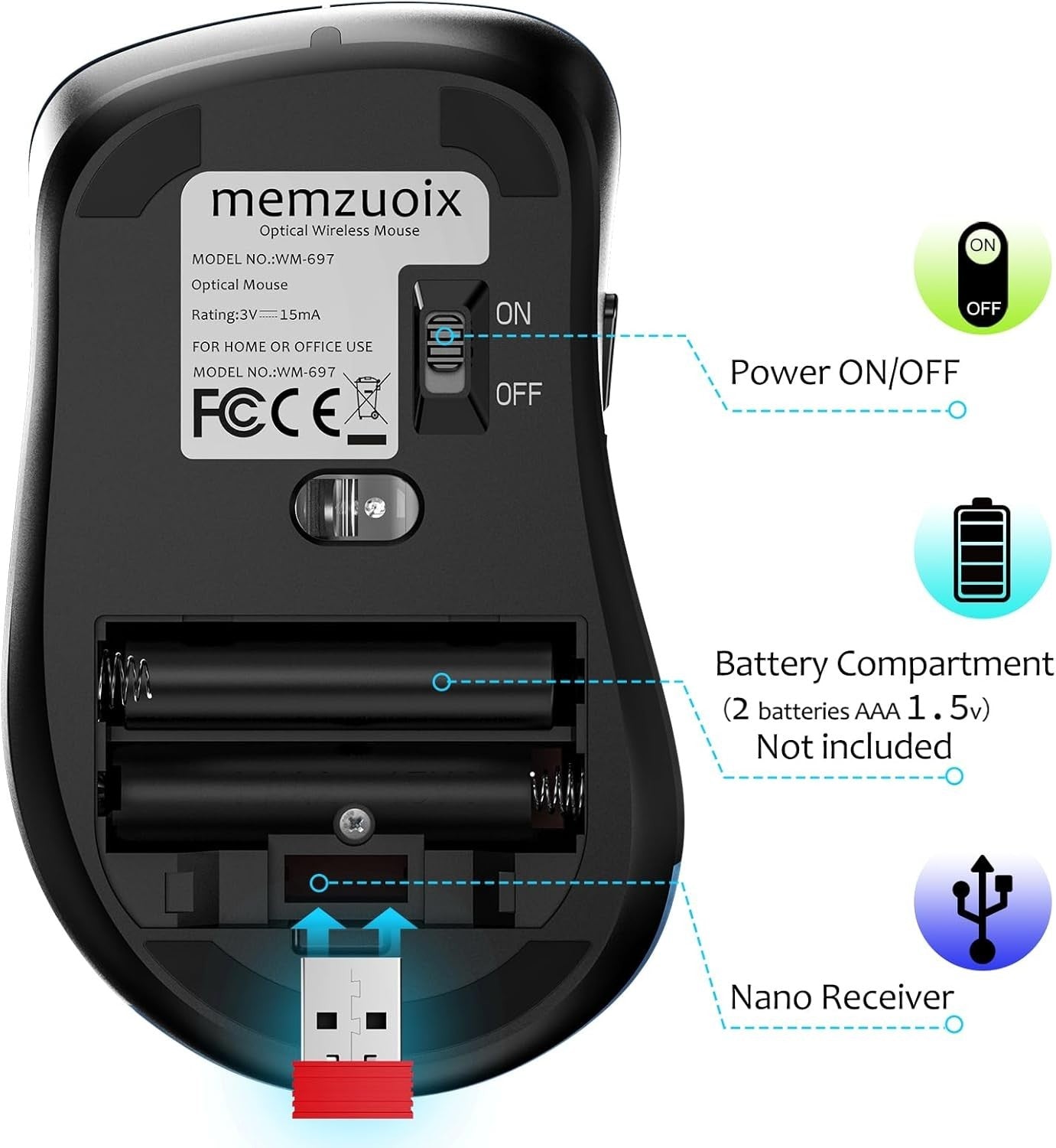 Matte Black Wireless Mouse 1400 DPI USB Silent 5 Button PC